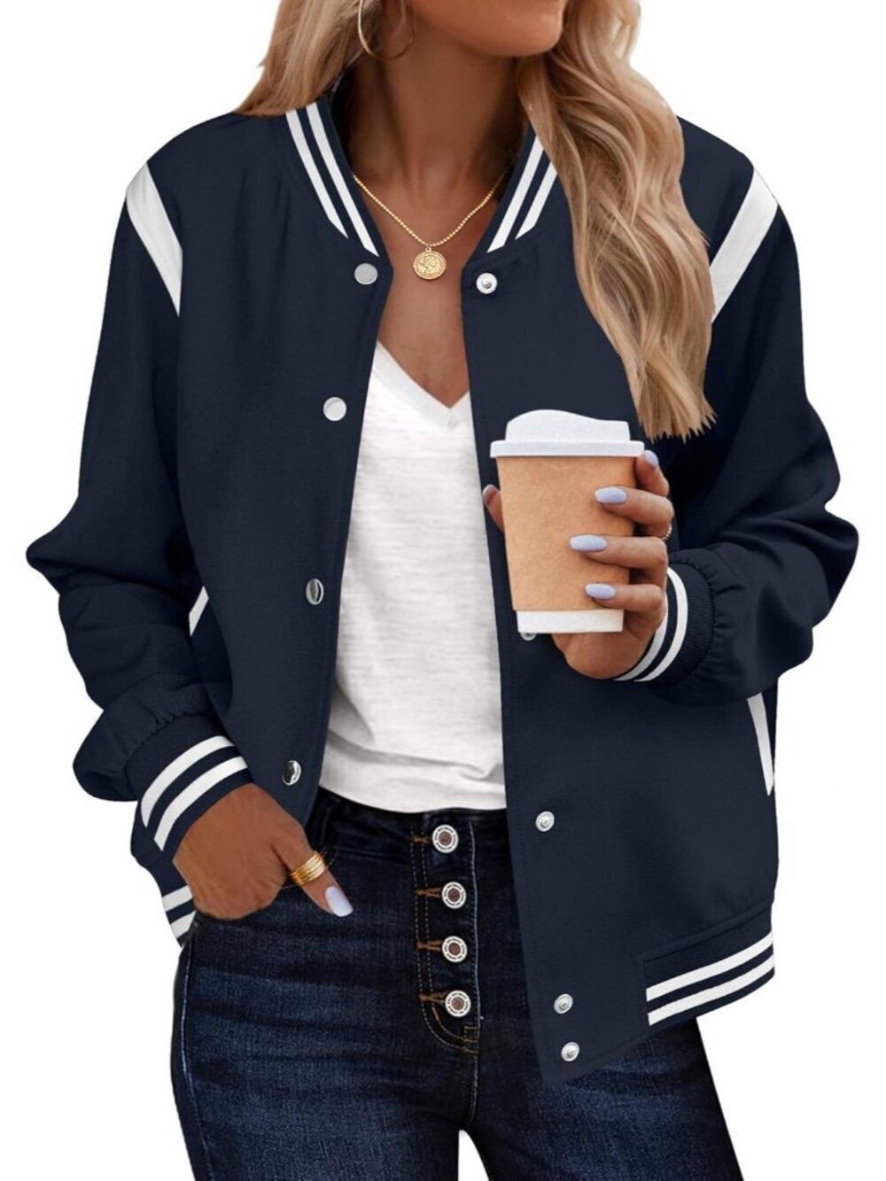 Women's Varsity Casual Button Down Spring Short Outfits with Pockets Navy Blue